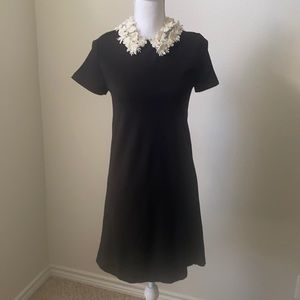 Aqua Black Short Sleeve Dress White Floral Embroidered Collar Size S